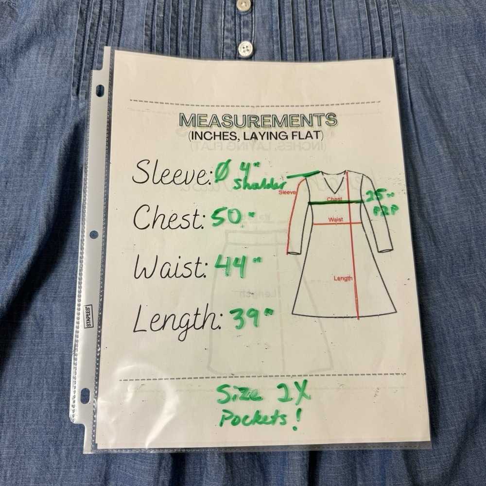 Sonoma Chambray Shirt Dress Womens Size 2X Blue 100% Cotton Pockets Lagenlook - Picture 7 of 10